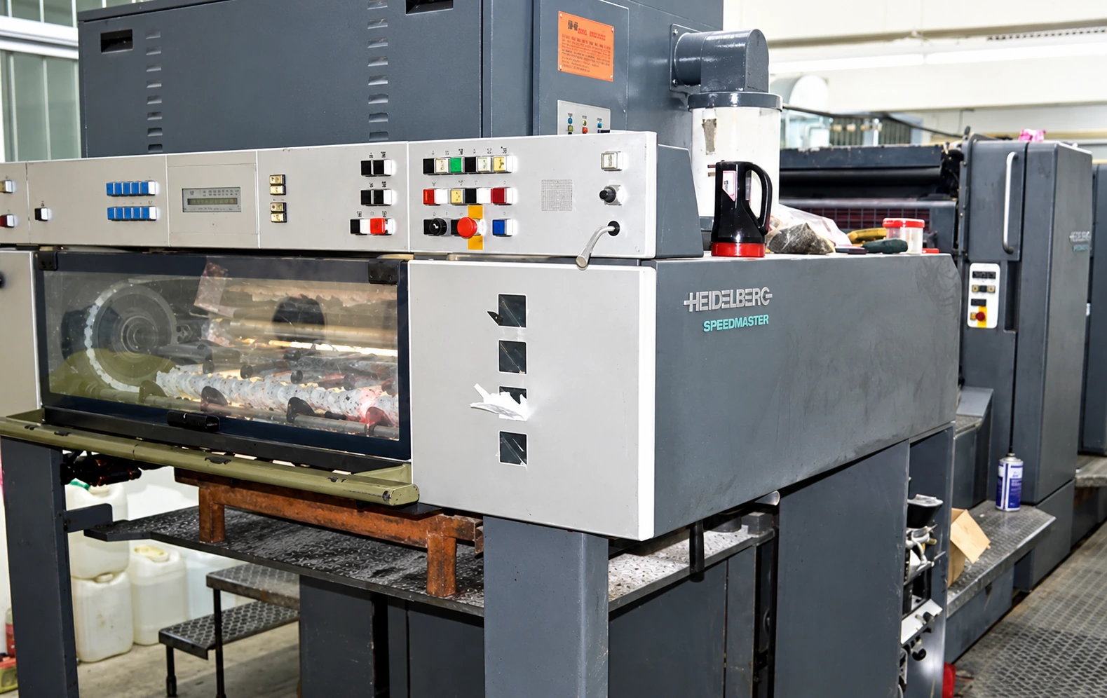 Enhanced photograph of the factory's Heidelberg Speedmaster printing press