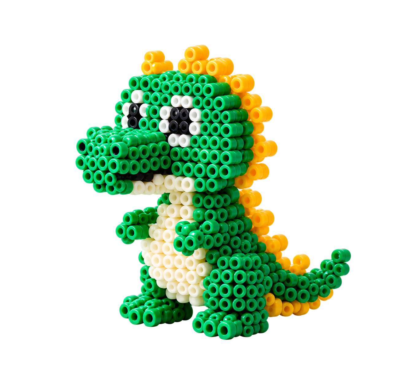 Green dinosaur assembled from fuse beads isolated from its background