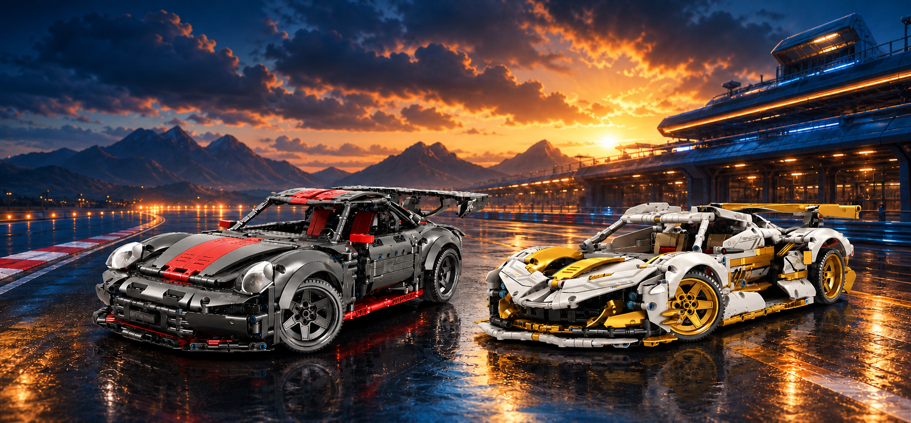Two detailed racing car building block models on a sunset track
