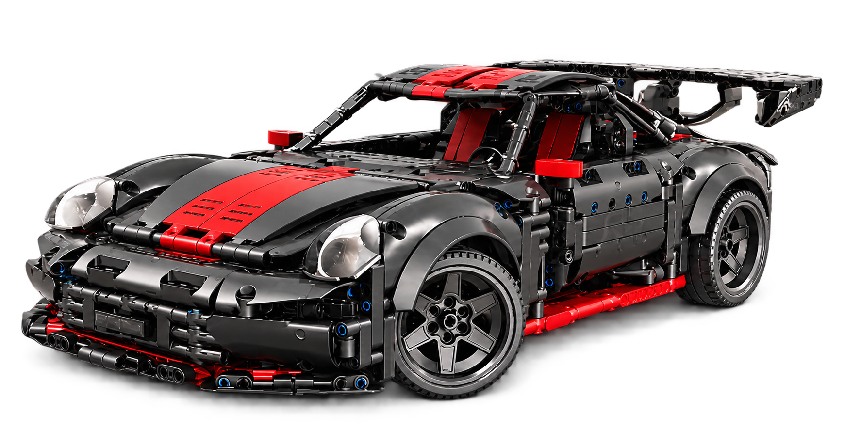 Black and red building block sports car isolated from its background