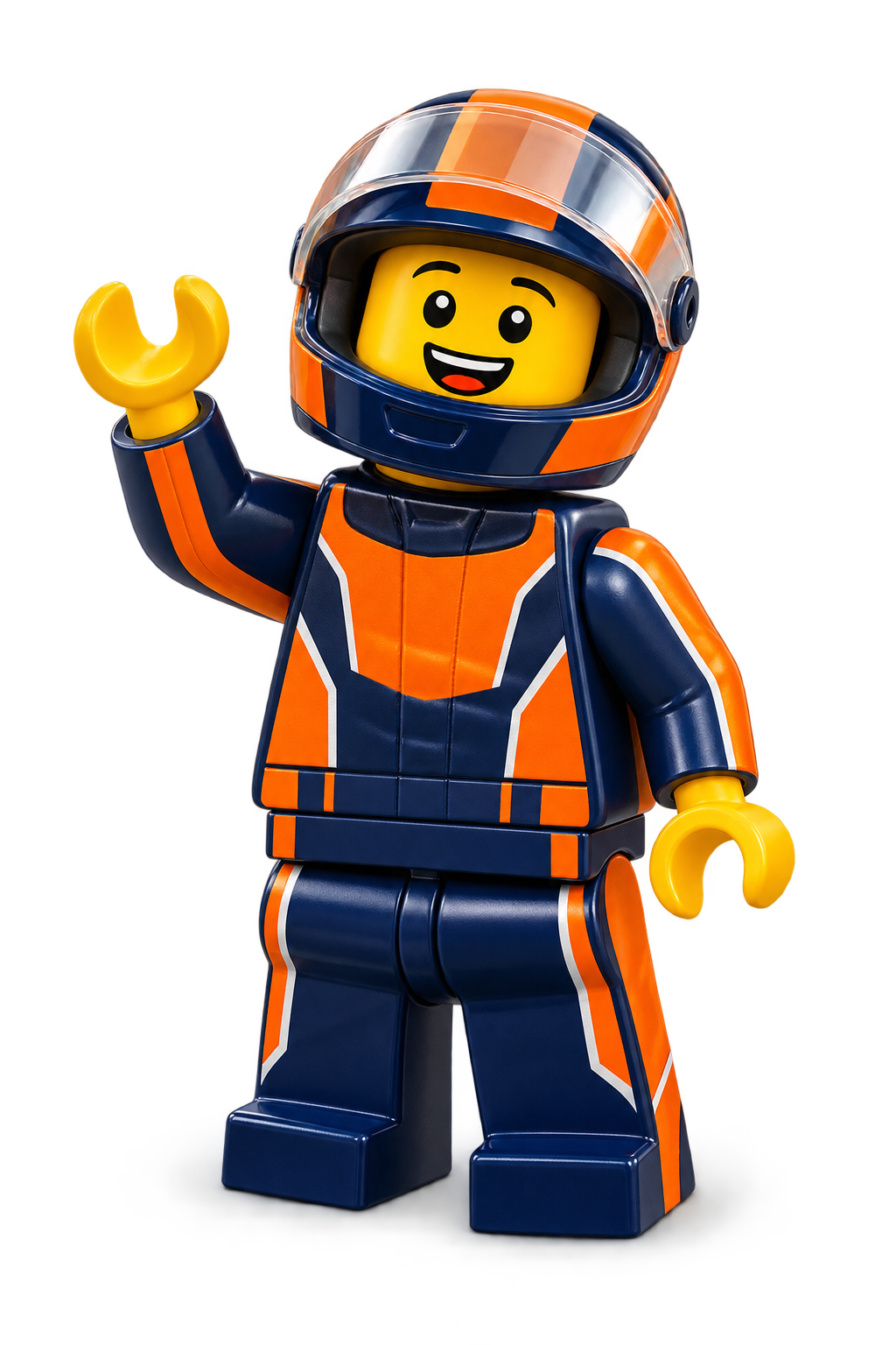 A friendly toy brick race driver waving hello